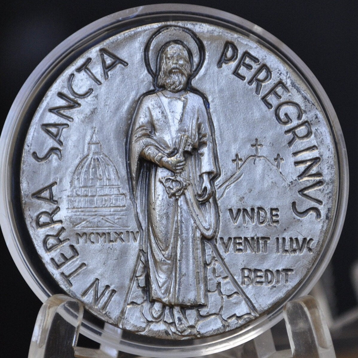 Pope Paul VI (Paulus VI) Medal - Large Medal - Traveling In The Holy Land - St. Peter, St. Peter's Basilica, Mt Calvary - Catholic Medal
