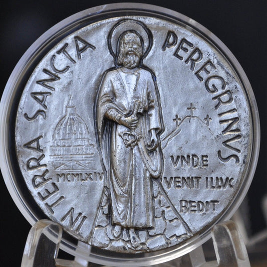 Pope Paul VI (Paulus VI) Medal - Large Medal - Traveling In The Holy Land - St. Peter, St. Peter's Basilica, Mt Calvary - Catholic Medal
