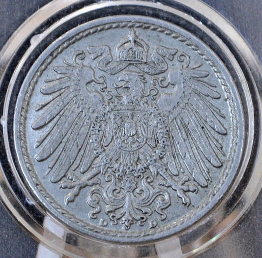 1910 German 5 Pfennig Deutsches Reich - AU (About Uncirculated) condition - Second Reich of Germany 1910 German Coin - Five Pfennig 1910 D