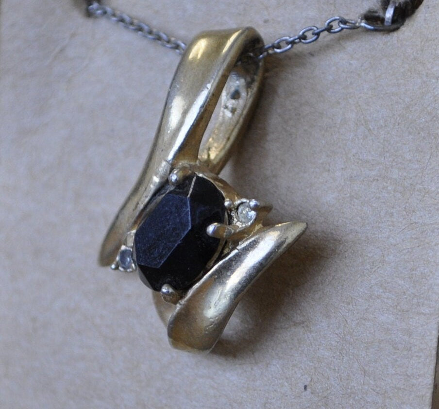 Antique Black Onyx Pendant Set in Sterling Silver - Beautiful Necklace Pendent - Oval Black Onyx, Cubic Zirconia Stones, Sterling Silver