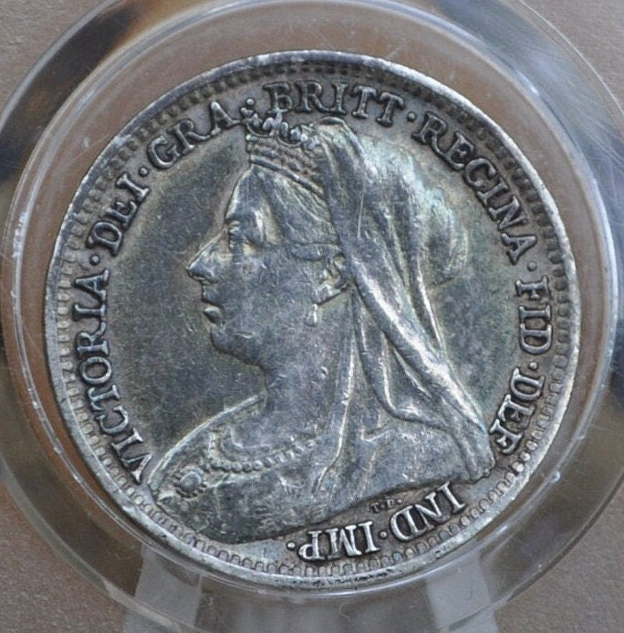 1898 Threepence Great Britain 3 Pence Silver - AU (About Uncirculated) Condition, Rainbow Toned - Queen Victoria - UK 3 Pence Silver 1898