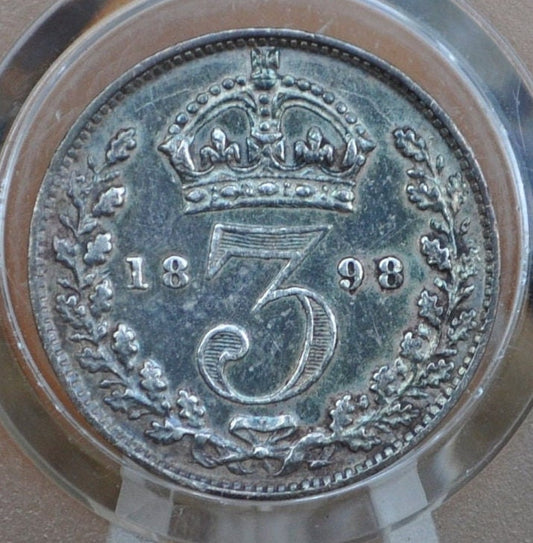 1898 Threepence Great Britain 3 Pence Silver - AU (About Uncirculated) Condition, Rainbow Toned - Queen Victoria - UK 3 Pence Silver 1898