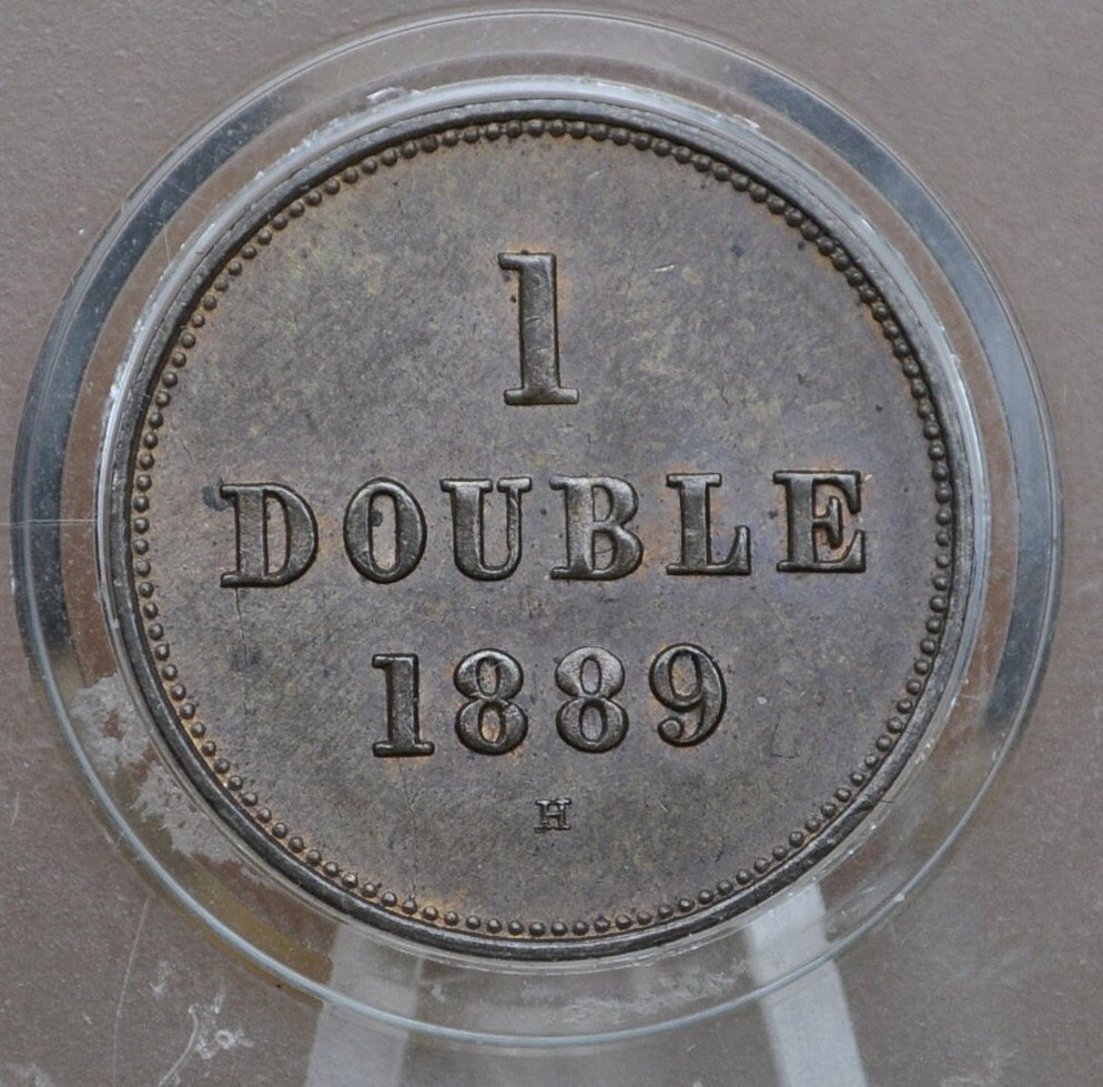 1889 Guernsey 1 Double - AU (About Uncirculated) Grade / Condition - Rarer Coin, low mintage of what is known - One Double 1889 Guernsey