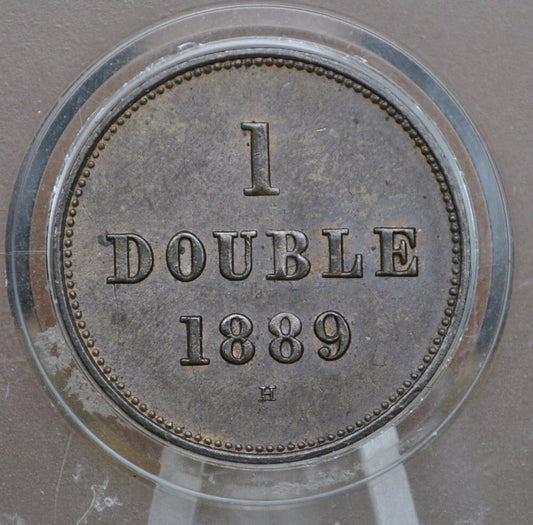 1889 Guernsey 1 Double - AU (About Uncirculated) Grade / Condition - Rarer Coin, low mintage of what is known - One Double 1889 Guernsey
