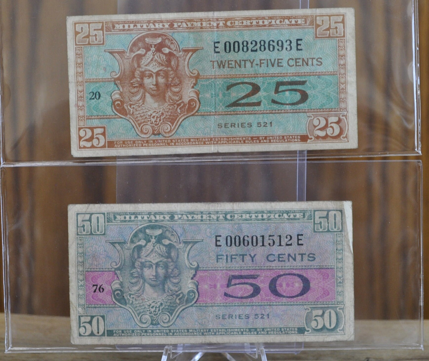 Set of Two Fractional Military Payment Certificates - 25 Cent and 50 Cent MPCs - Military Payment Certificates, Series 521