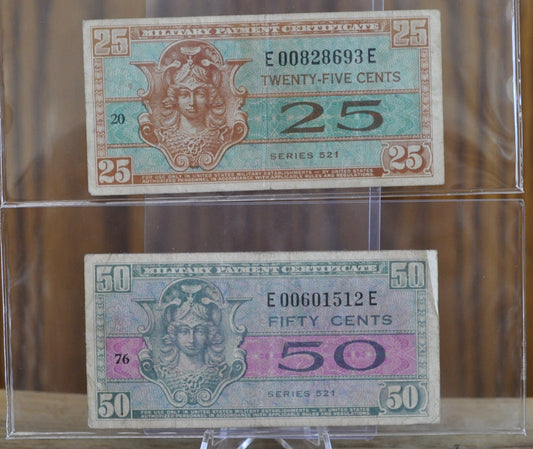Set of Two Fractional Military Payment Certificates - 25 Cent and 50 Cent MPCs - Military Payment Certificates, Series 521