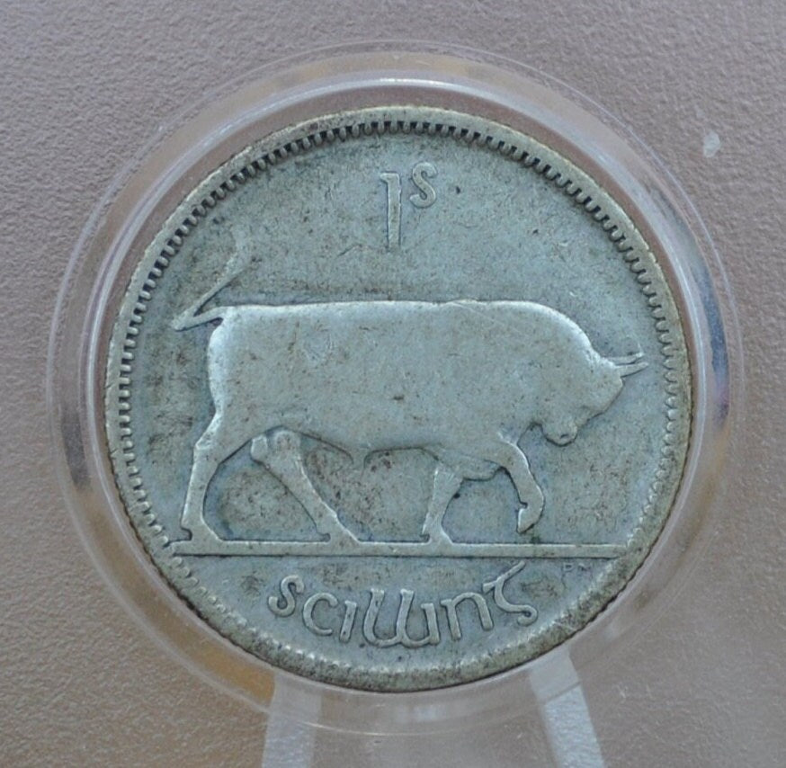 1928 Irish Silver 1 Shilling Coin - VF (Very Fine) Grade / Condition - Vintage Irish Florin Coin Ireland 1928 UK Shilling - Bull Design