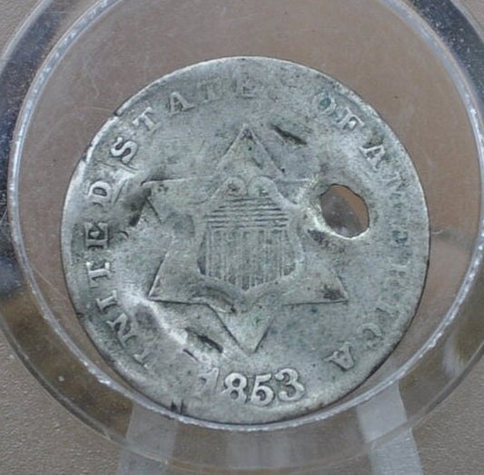 1853 Three Cent Silver US Coin - Significant Damage - 1853 3 Cent - Trimes Silver 3 Cent Pieces - Good Type Coin