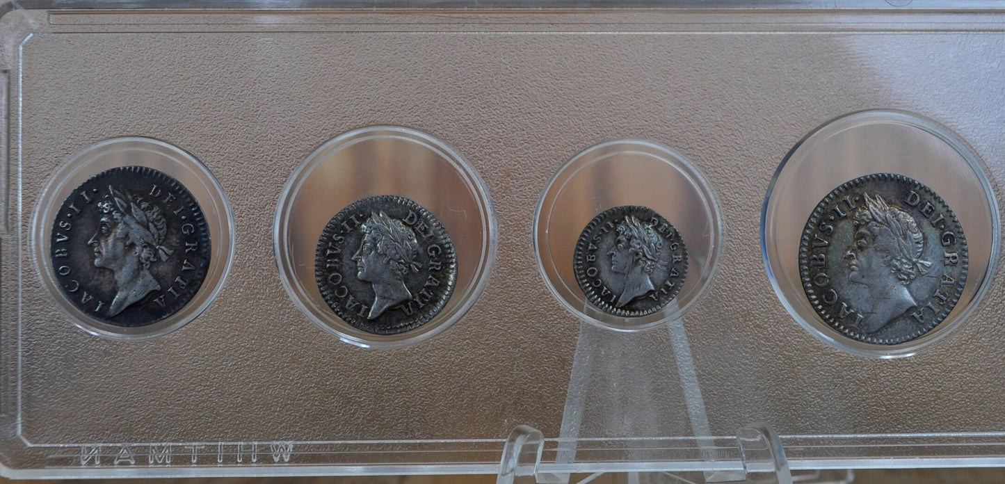 Set of 1687 UK 1,2,3 & 4 Pence, XF-Uncirculated - 1687 Onepence, 1687 Twopence, 1687 Threepence, 1687 Fourpence - James Ii - Very Rare Set