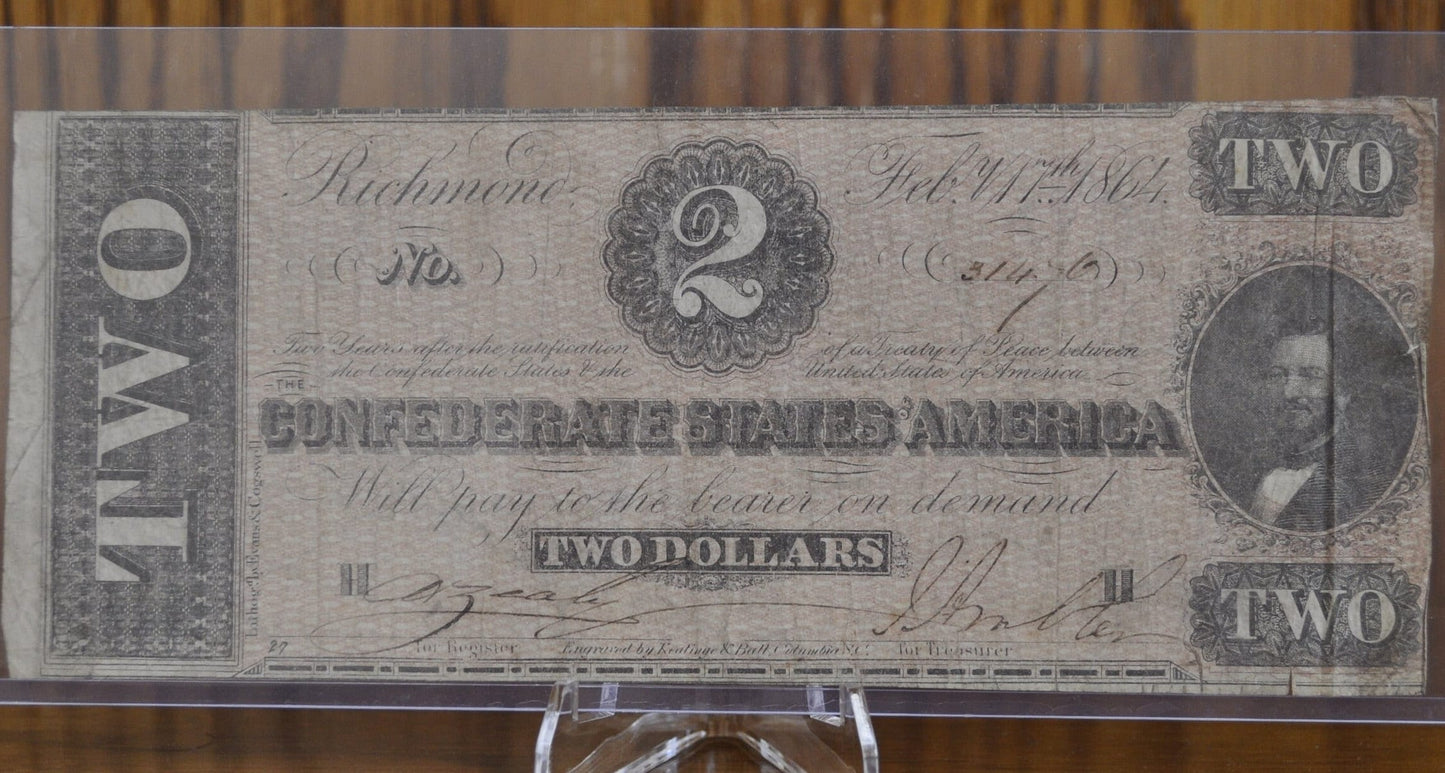 1864 Confederate States of America 2 Dollar Bill - Civil War Issue Banknote - Confederate 2 Dollar Bill - Judah P. Benjamin, T-70 / CS-70
