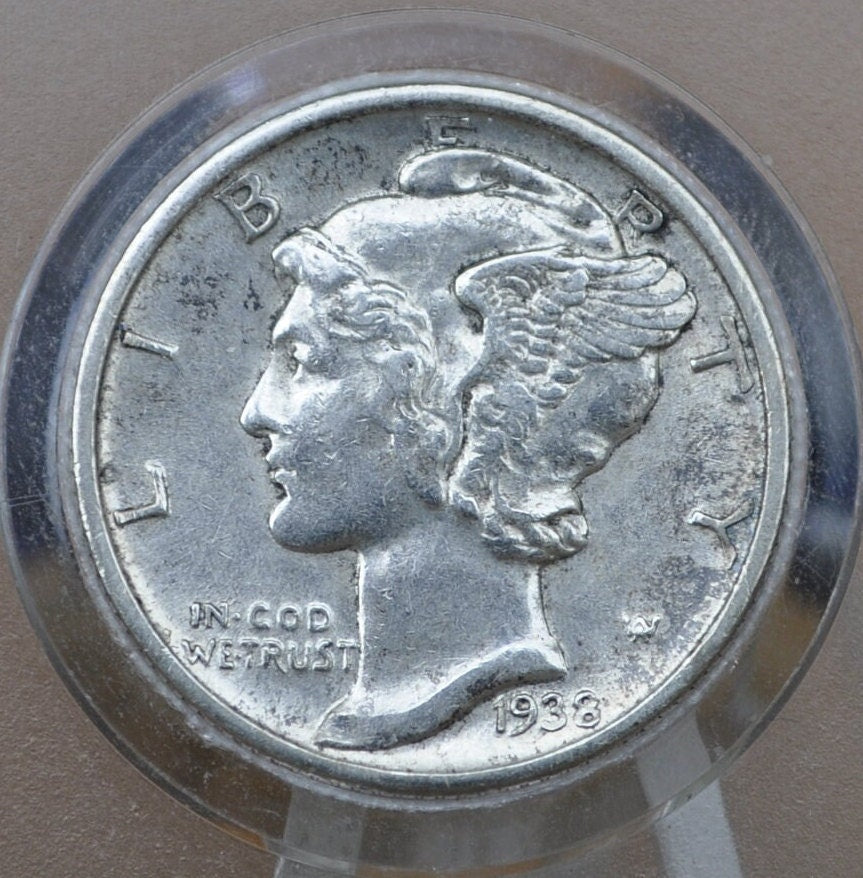 1938-D Mercury Dime - AU (About Uncirculated) Grade / Condition - Denver Mint - Silver Dime - 1938 D Winged Liberty Head, Great Luster