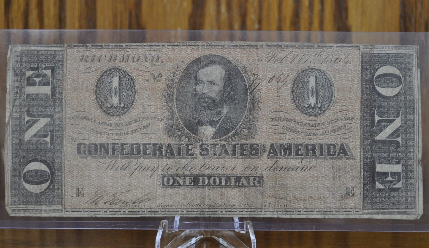1864 Confederate States of America 1 Dollar Bill - Civil War Issue Banknote - Confederate One Dollar Bill - T-71 / CS-71