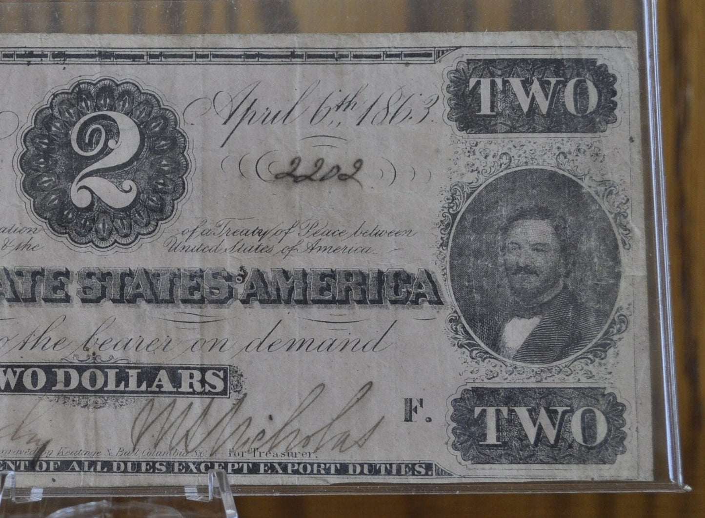 Rare 1863 Confederate States of America 2 Dollar Bill - Civil War Issue Banknote -Confederate 2 Dollar Bill- Judah P. Benjamin, T-61 / CS-61