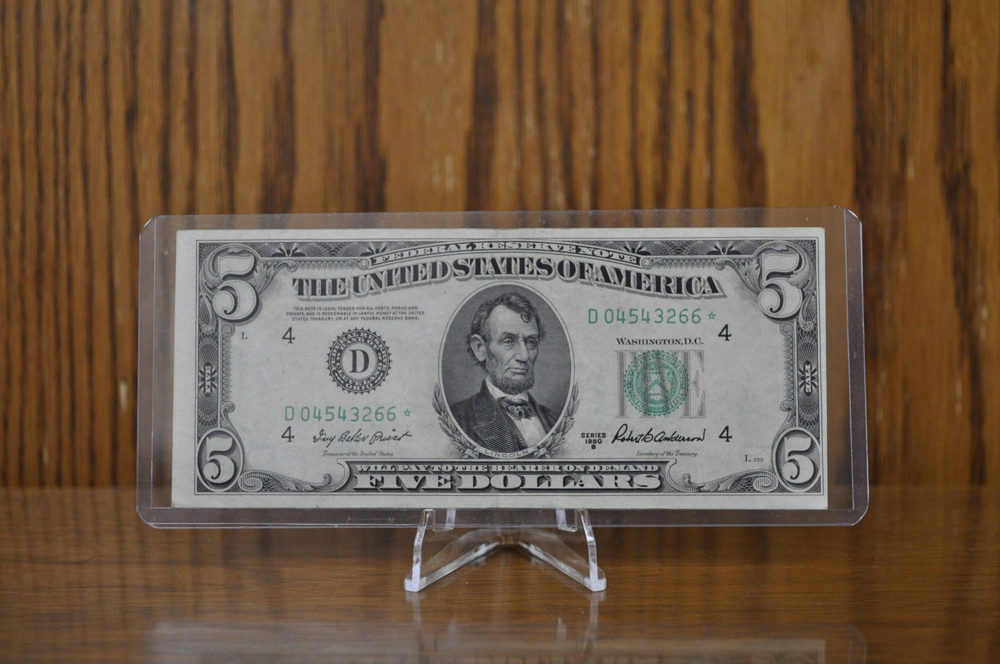 1950-B 5 Dollar Star Note - (D) Cleveland Ohio - AU (About Unc.) - 1950B Five Dollar Federal Reserve Star Note- Fr#1963.D* / Fr 1963-D*