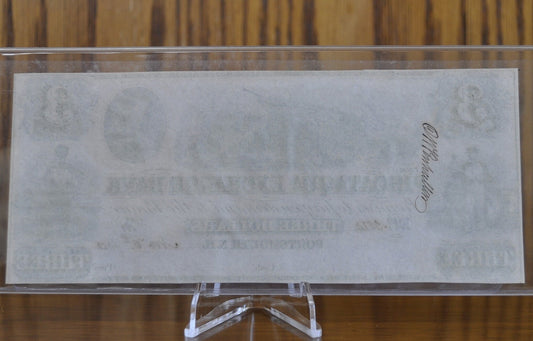 1852 Piscataqua Exchange Bank 3 Dollar Paper Banknote, Portsmouth NH - Uncirculated - Three Dollar Note Portsmouth New Hampshire 1852