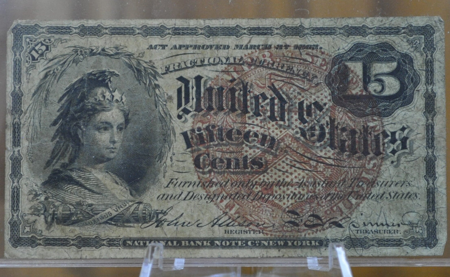 4th Issue 15 Cent Fractional Note 1863 - Fine Condition - Fourth Issue Fifteen Cent Note Fractional Note Fr1271, Authentic