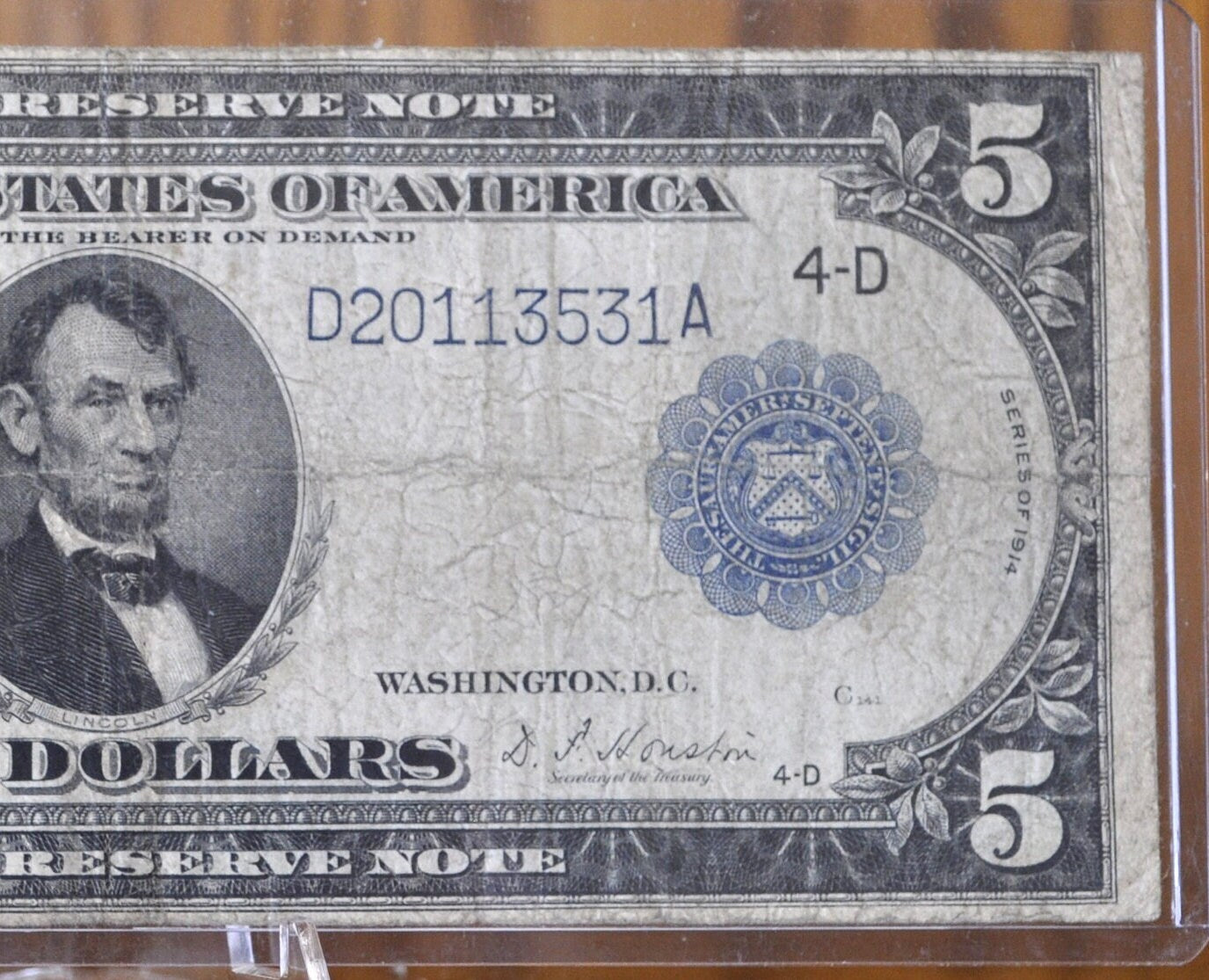 1914 5 Dollar Federal Reserve Note Large Size Fr858 - F (Fine) - Boston 1914 Five Dollar Bill Large Note 1914-A Boston Fr#858 / Fr858