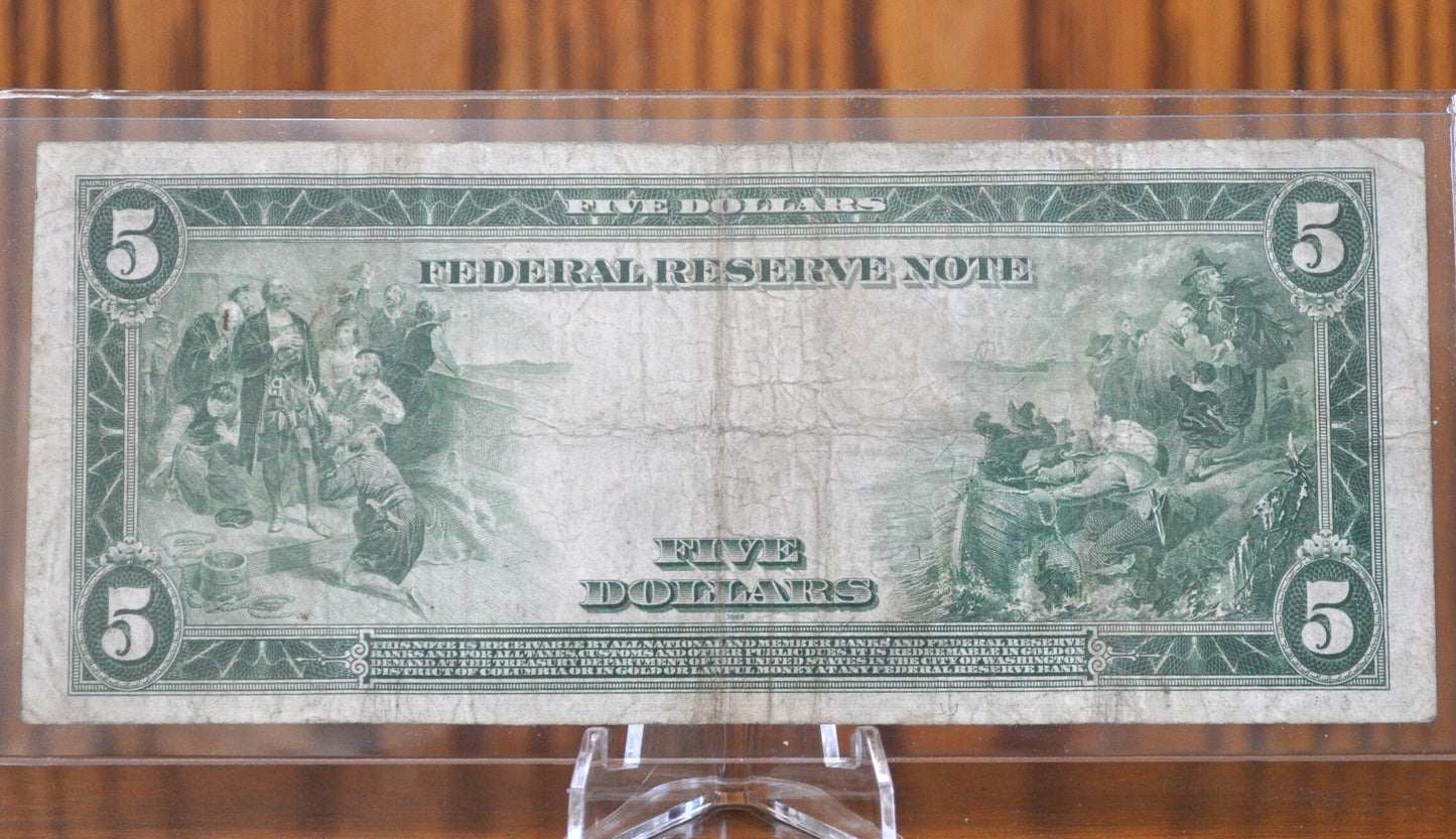 1914 5 Dollar Federal Reserve Note Large Size Fr851C - Very Fine - NY 1914 Five Dollar Bill Large Note 1914 New York Fr#851-C