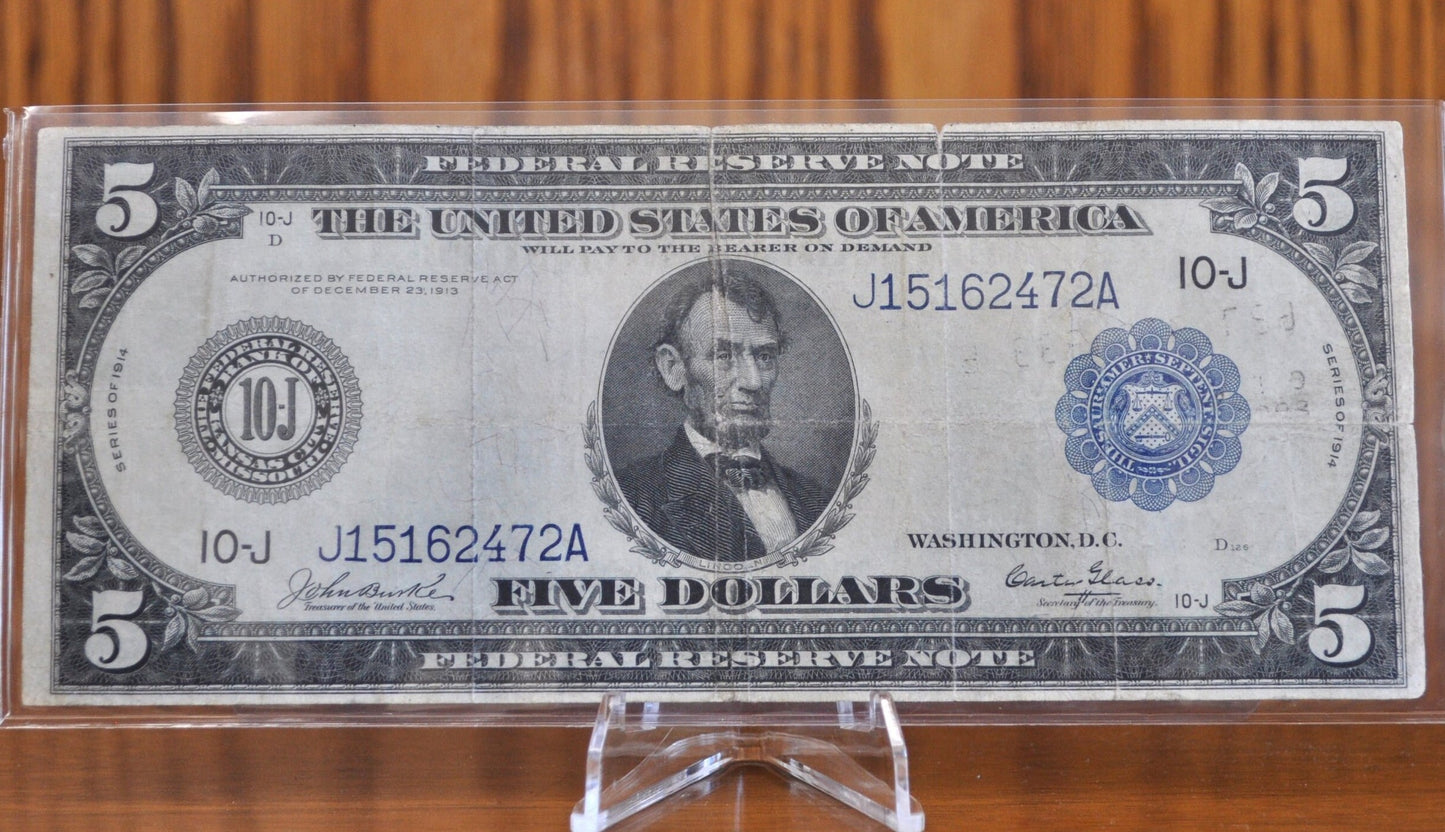 1914 5 Dollar Federal Reserve Note Large Size Fr881 - F (Fine) - Kansas City 1914 Five Dollar Bill Large Note 1914 Missouri Fr#881 / Fr881