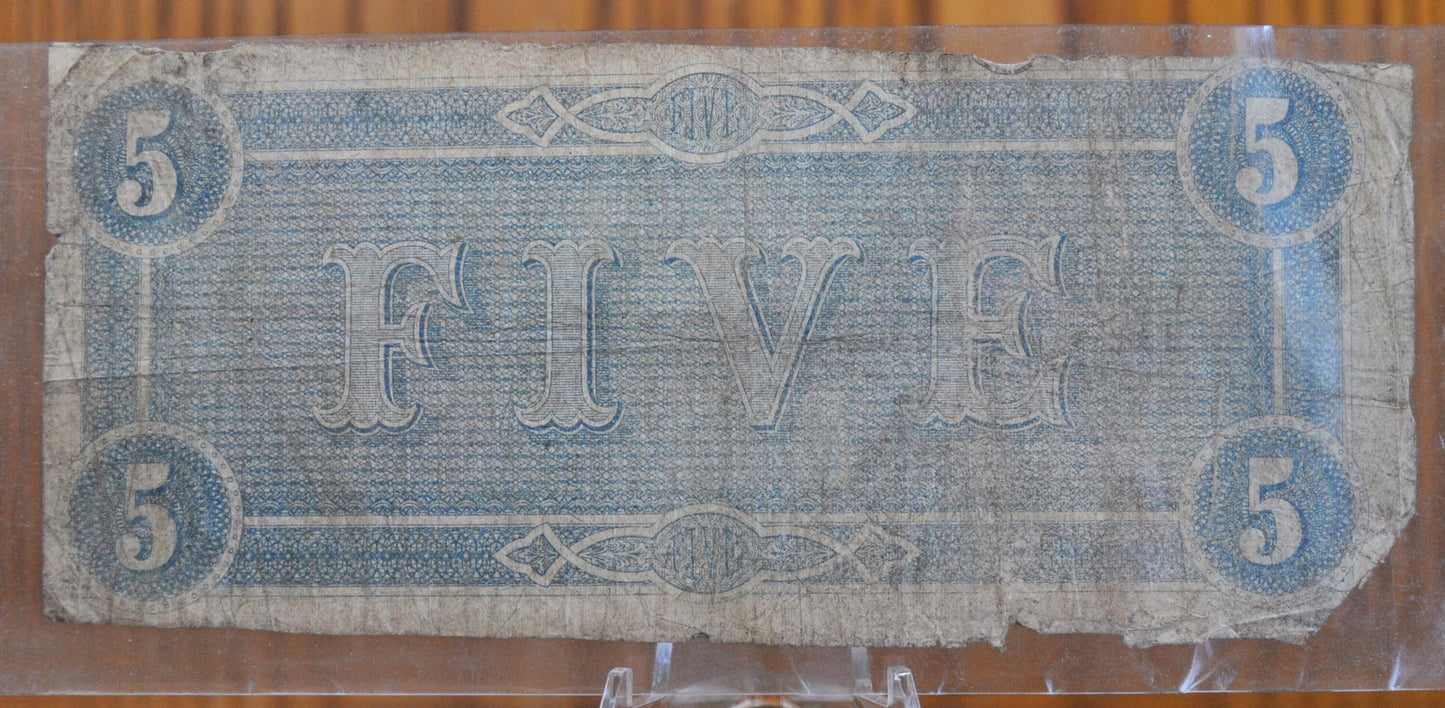 1864 Confederate States of America 5 Dollar Bill - Civil War Issue Banknote - Confederate Five Dollar Bill - Richmond Capitol, T-69 / CS-69