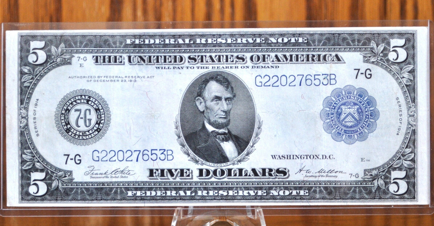 1914 5 Dollar Federal Reserve Note Large Size Fr871 - AU (About Unc.) -Chicago 1914 Five Dollar Bill Large Note 1914 Horseblanket Fr#871