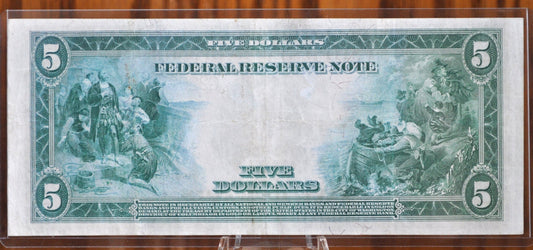 1914 5 Dollar Federal Reserve Note Large Size Fr871 - AU (About Unc.) -Chicago 1914 Five Dollar Bill Large Note 1914 Horseblanket Fr#871