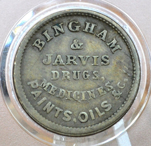 Bingham and Jarvis Drugs Cooperstown NY Civil War Token Store Card - Rarer Type, Great Condition - Iron Clad CWT
