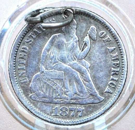 Genuine Antique Love Token JV - Made From an 1877 Seated Liberty Dime - Beautiful Scroll Work, 1800s Love Token