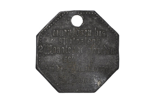 Germany, Imperial Territory of Alsace-Lorraine, 25 Pfennigs, 1917, Zinc, Notgeld German Notgeld Holed- St. Avold 25 Pfennig 1917 (Kriegsjahr 1917) Zinc Emergency Token Holed