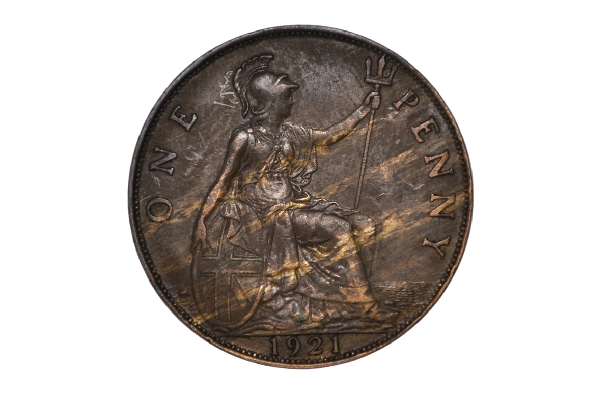 Great Britain 1921 One Penny Attractive Wood Grain Alloy Mix Toning - Error Penny UK "Woody"