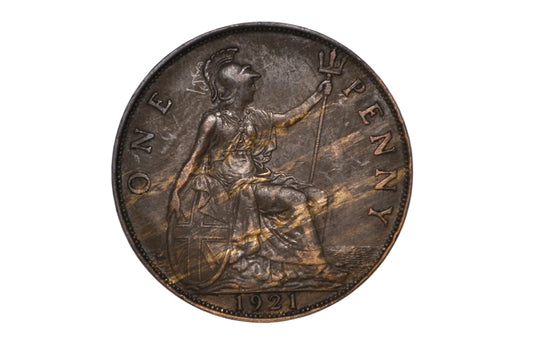 Great Britain 1921 One Penny Attractive Wood Grain Alloy Mix Toning - Error Penny UK "Woody"