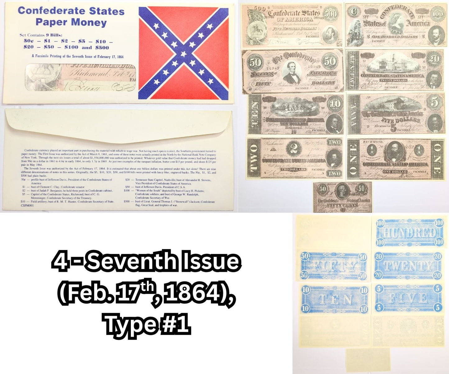 Facsimile Reproduction Confederate States Banknotes Sets - 6 Sets to Choose From! - 1960s Reproduction Civil War Era Southern Paper Currency