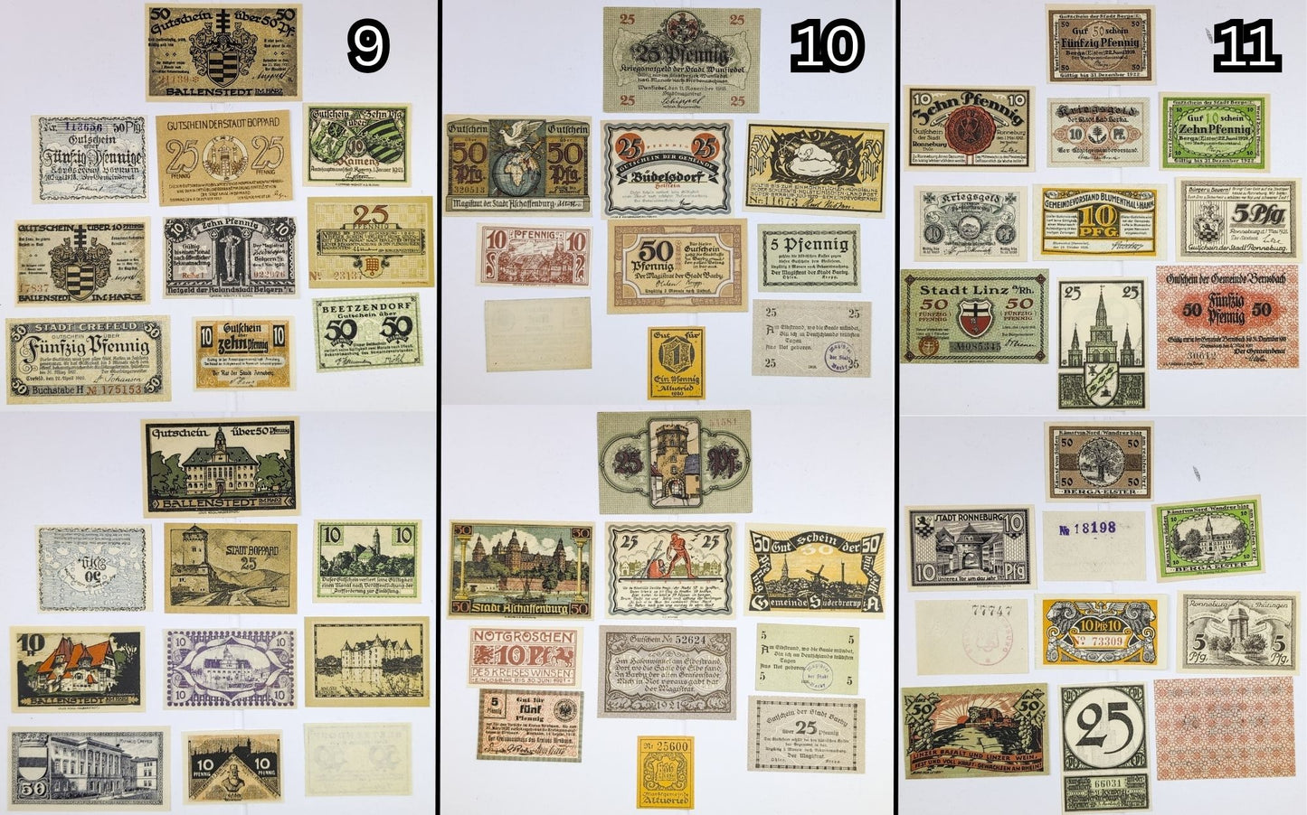 Lots of 10 German Post-WWI Pfennig Notgeld Emergency Notes - Choose by Lot - Uncirculated (UNC) - 1920s German Municipality Notgeld Lots