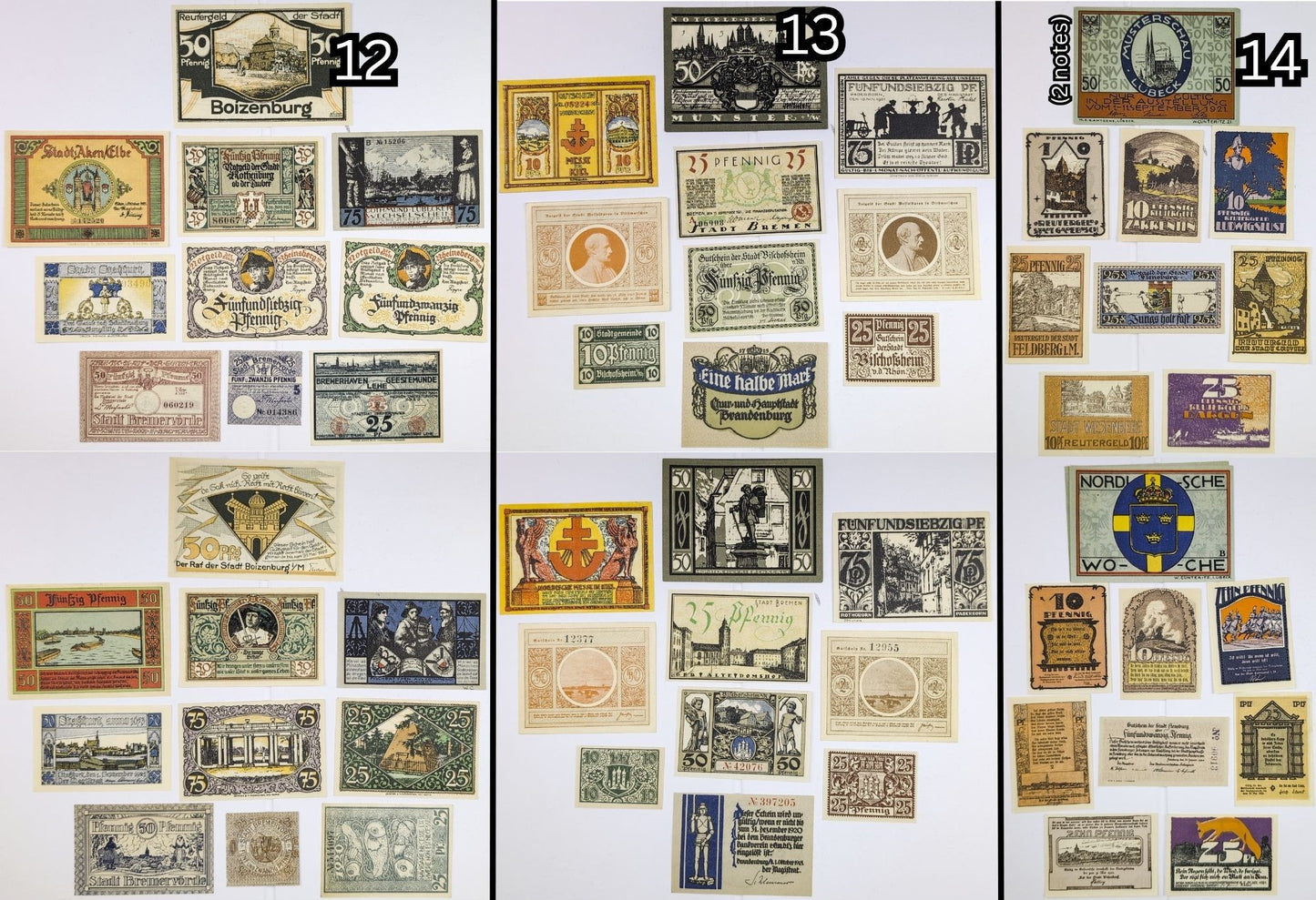 Lots of 10 German Post-WWI Pfennig Notgeld Emergency Notes - Choose by Lot - Uncirculated (UNC) - 1920s German Municipality Notgeld Lots