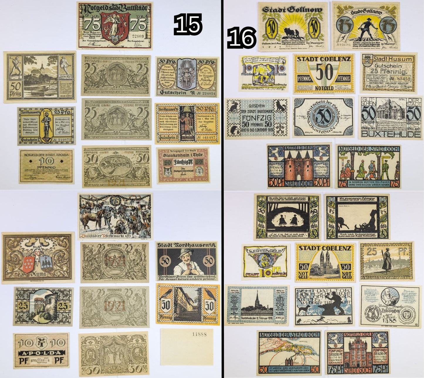 Lots of 10 German Post-WWI Pfennig Notgeld Emergency Notes - Choose by Lot - Uncirculated (UNC) - 1920s German Municipality Notgeld Lots