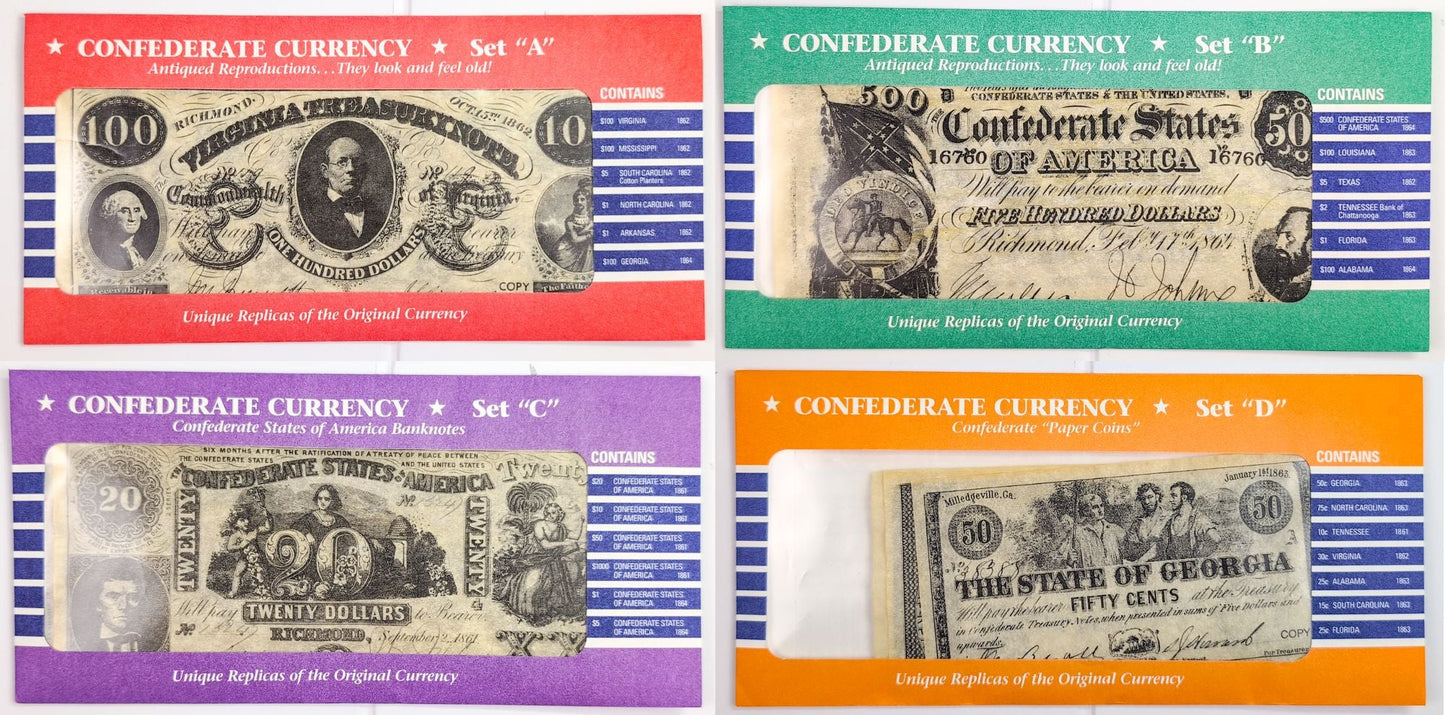 Facsimile Reproduction Confederate States Banknotes Sets - Set A, B, C, or D - 1960s Reproduction Civil War Era Southern Paper Currency