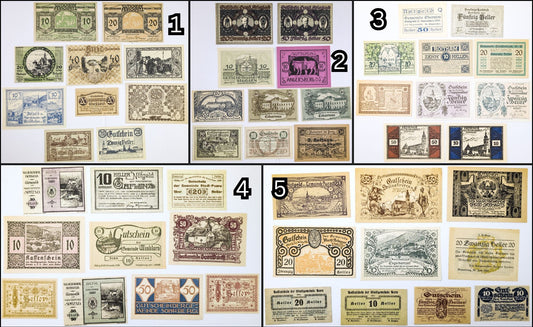 Lots of 10 WWI Austria Heller Notgeld Currency - Choose by Lot - Uncirculated (UNC) - 1920s Austrian Municipal Notes Lot of Ten