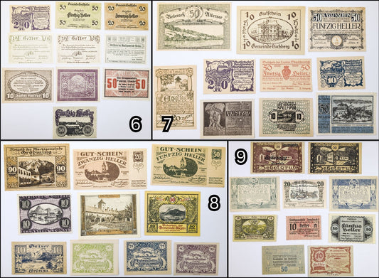 Lots of 10 WWI Austria Heller Notgeld Currency - Choose by Lot - Uncirculated (UNC) - 1920s Austrian Municipal Notes Lot of Ten