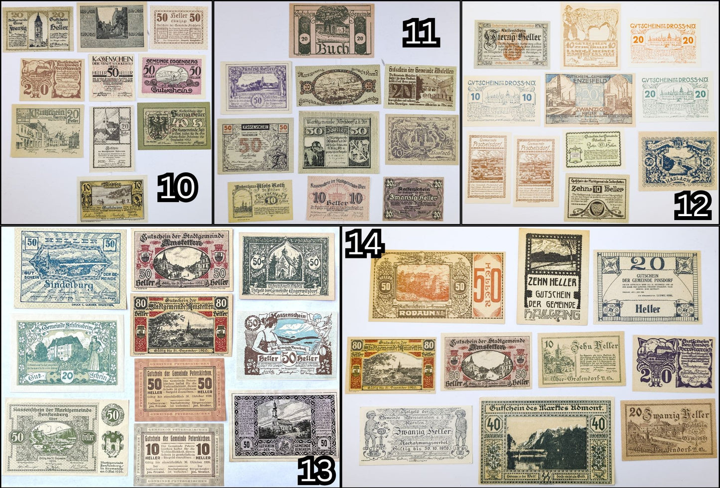 Lots of 10 WWI Austria Heller Notgeld Currency - Choose by Lot - Uncirculated (UNC) - 1920s Austrian Municipal Notes Lot of Ten