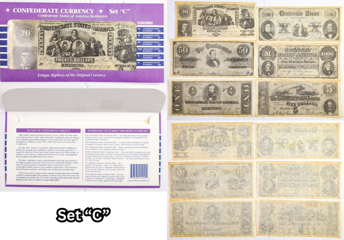 Facsimile Reproduction Confederate States Banknotes Sets - Set A, B, C, or D - 1960s Reproduction Civil War Era Southern Paper Currency