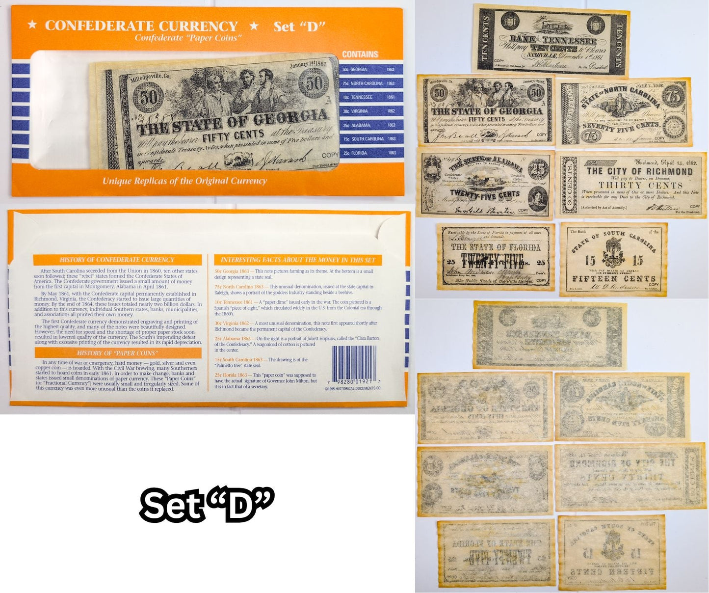 Facsimile Reproduction Confederate States Banknotes Sets - Set A, B, C, or D - 1960s Reproduction Civil War Era Southern Paper Currency