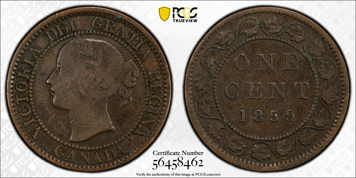 An antique 1859 Canadian one-cent coin shown from both sides, displayed side-by-side on a white patterned background with a PCGS Trueview certificate label.