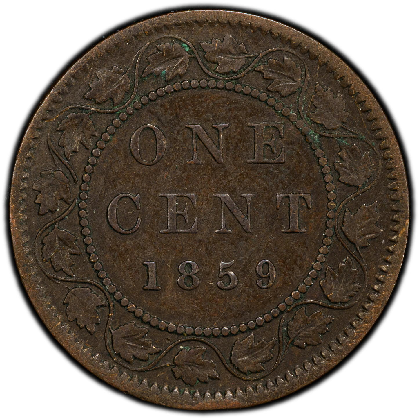 1859 Canadian Cent DPN #1 Re-punched Date Type 1, PCGS Certified F15, Rarest Variety, 1 cent 1859 - Narrow 9 - Double 9 #1 (DP N9 #1) 1 cent 1859