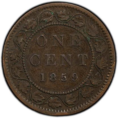 1859 Canadian Cent DPN #1 Re-punched Date Type 1, PCGS Certified F15, Rarest Variety, 1 cent 1859 - Narrow 9 - Double 9 #1 (DP N9 #1) 1 cent 1859