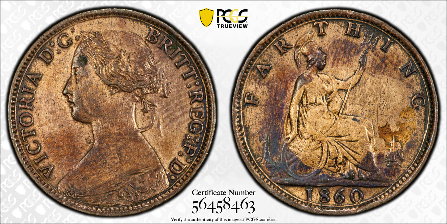 1860 UK Farthing Mule S-3958 | Rare Toothed/Beaded Border Variety | PCGS XF Details