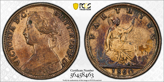1860 UK Farthing Mule S-3958 | Rare Toothed/Beaded Border Variety | PCGS XF Details
