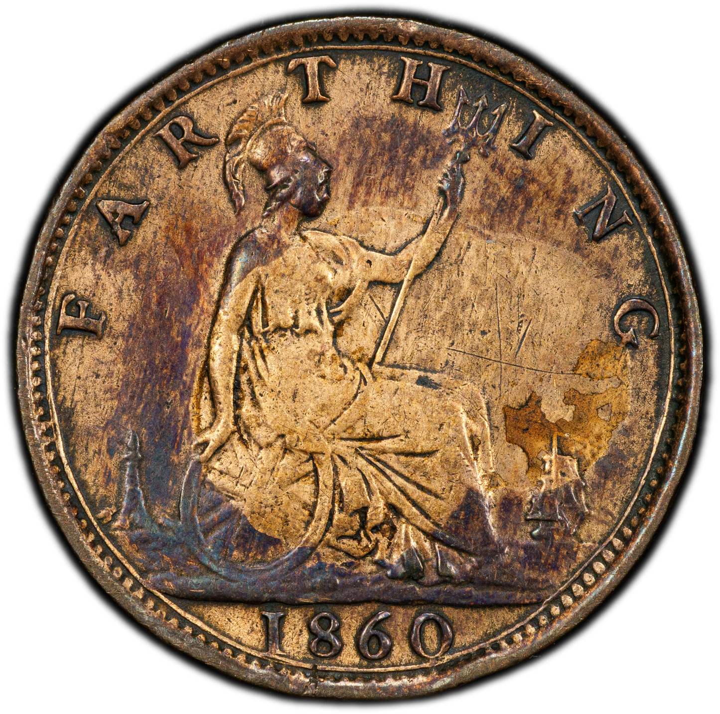 1860 UK Farthing Mule S-3958 | Rare Toothed/Beaded Border Variety | PCGS XF Details