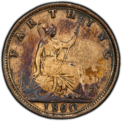 1860 UK Farthing Mule S-3958 | Rare Toothed/Beaded Border Variety | PCGS XF Details
