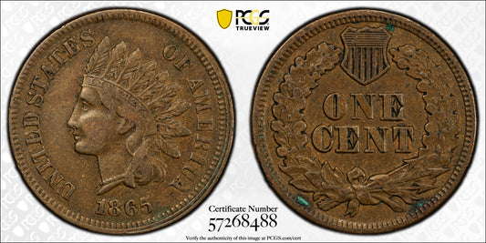 1865 Indian Head Penny, Rare Die Error; Die Gouge FS-1401,S-14 PCGS XF40 - 1865 Cent Indian Head 1865 Fancy 5; Rare Error Cent