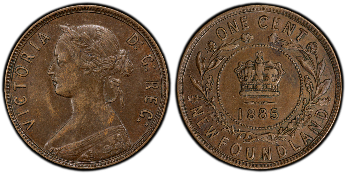 1885 Newfoundland One Cent - PCGS AU55 - Queen Victoria - One Cent Newfoundland 1885 Large Cent - Rarer Date, Low Mintage, High Grade